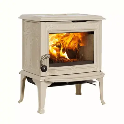 Jotul F100 ECO 2 Wood Burning Stove With Long Legs and Plain Door In Ivory Enamel